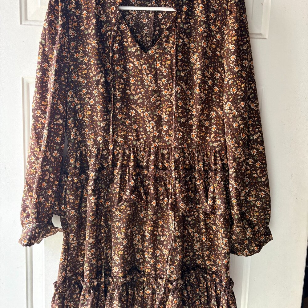Cider Brown Floral Long-Sleeve Dress